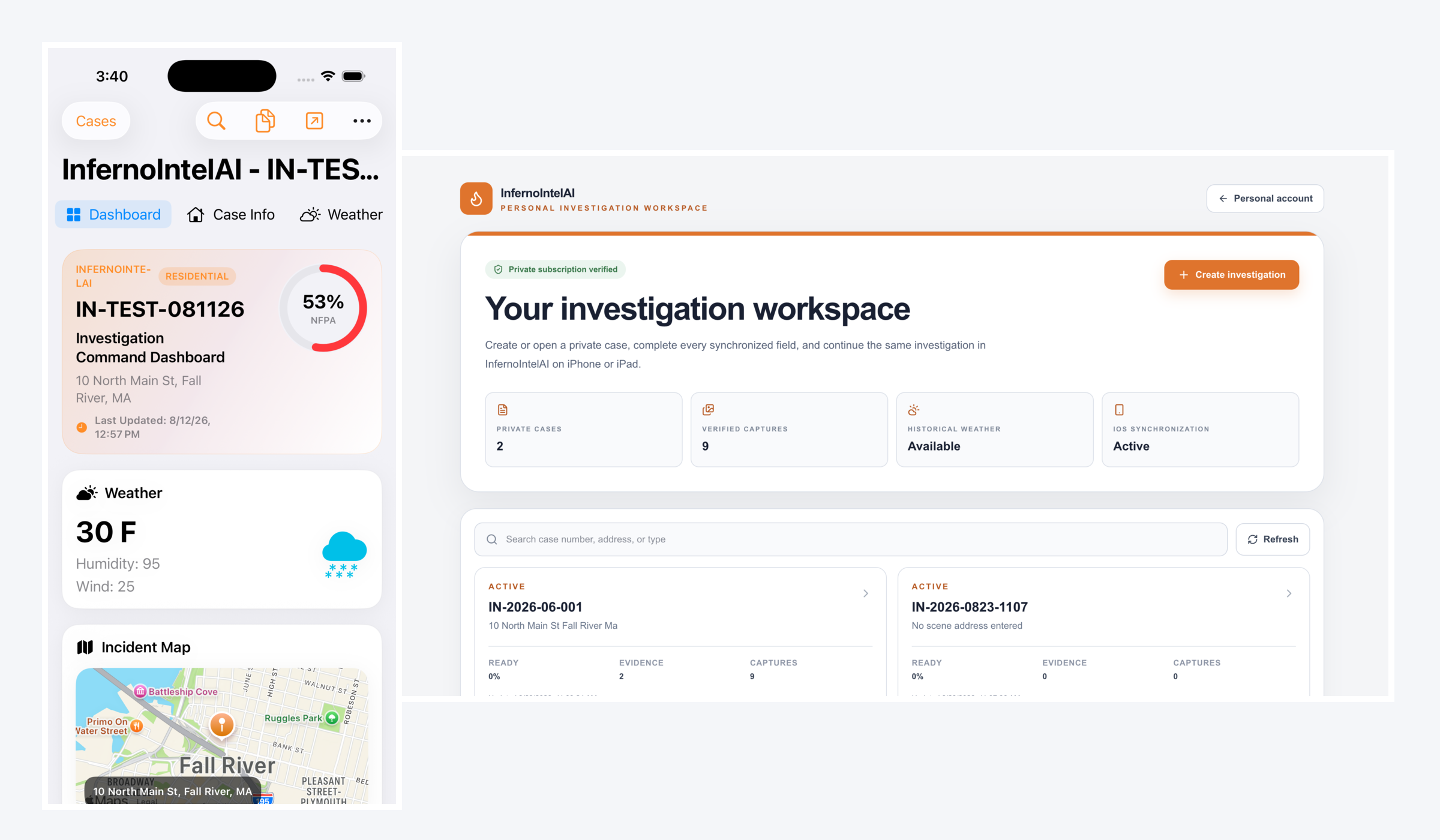 InfernoIntelAI investigation dashboard on iPhone beside the FireForge Personal web workspace.