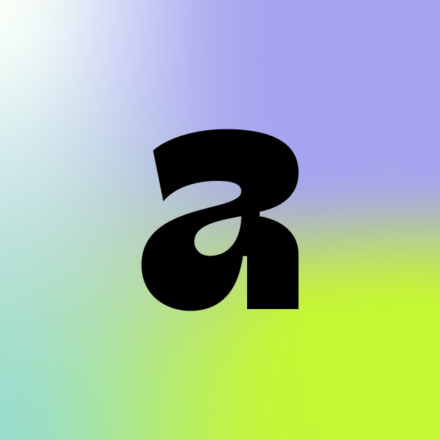 A large black letter 'a' centered on a gradient background with pastel shades of purple, blue, and green.