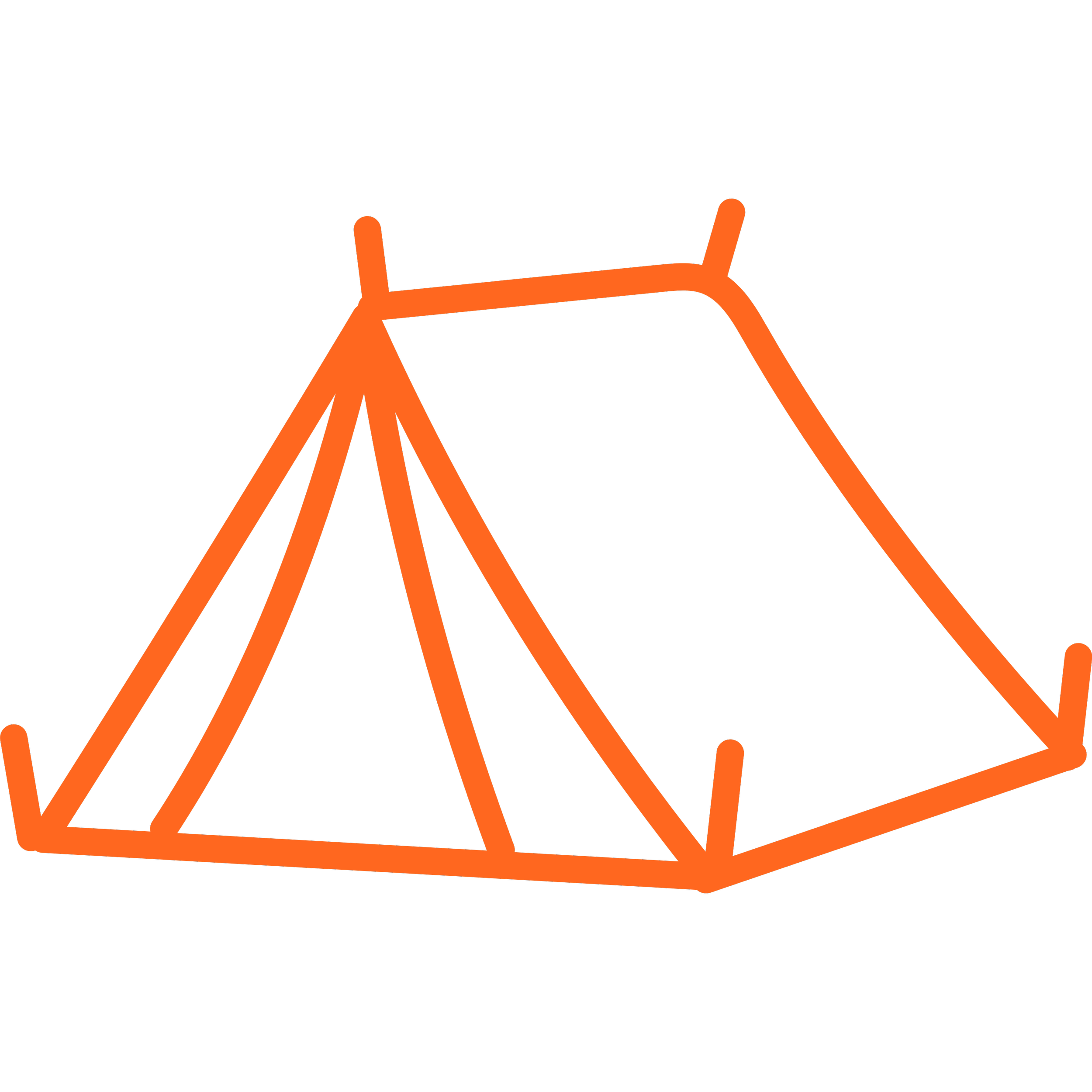 A neon orange outline drawing of a simple camping tent against a black background.