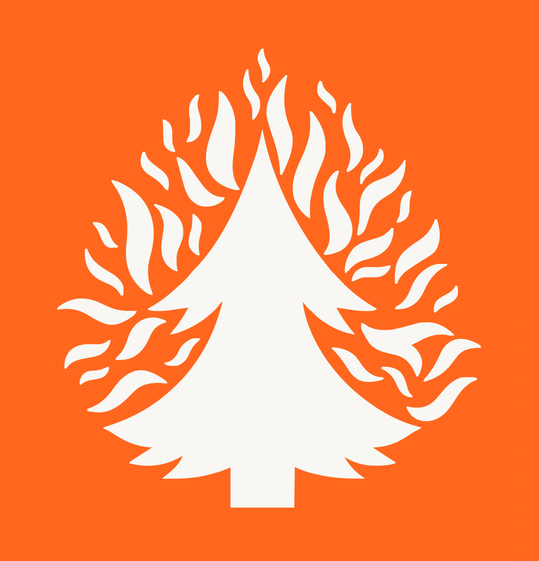 A white stylized tree with flames around it on an orange background.