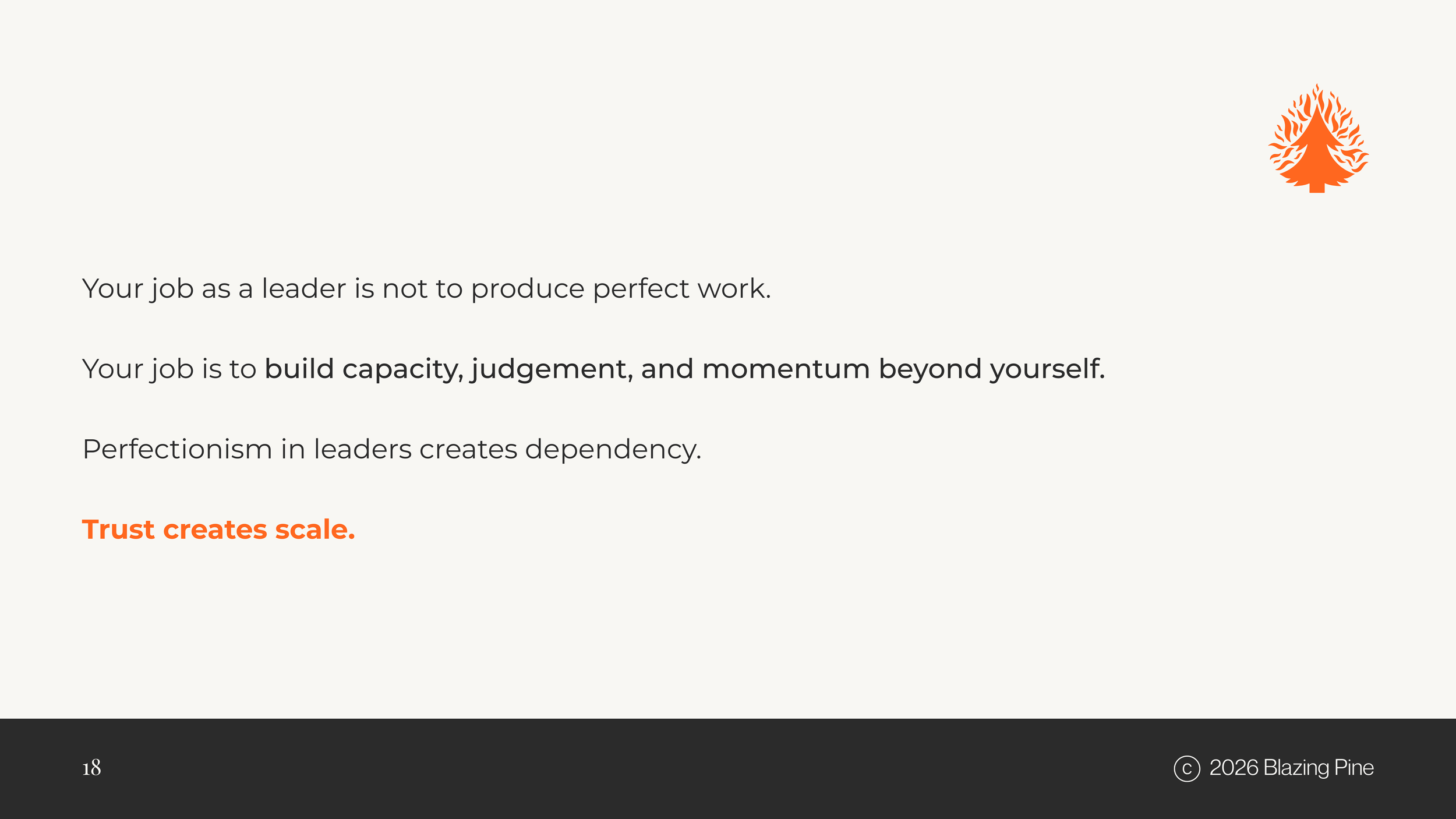 A slide from a presentation with text about leadership and trust, featuring a logo of a stylized tree or flame in orange at the top right corner.