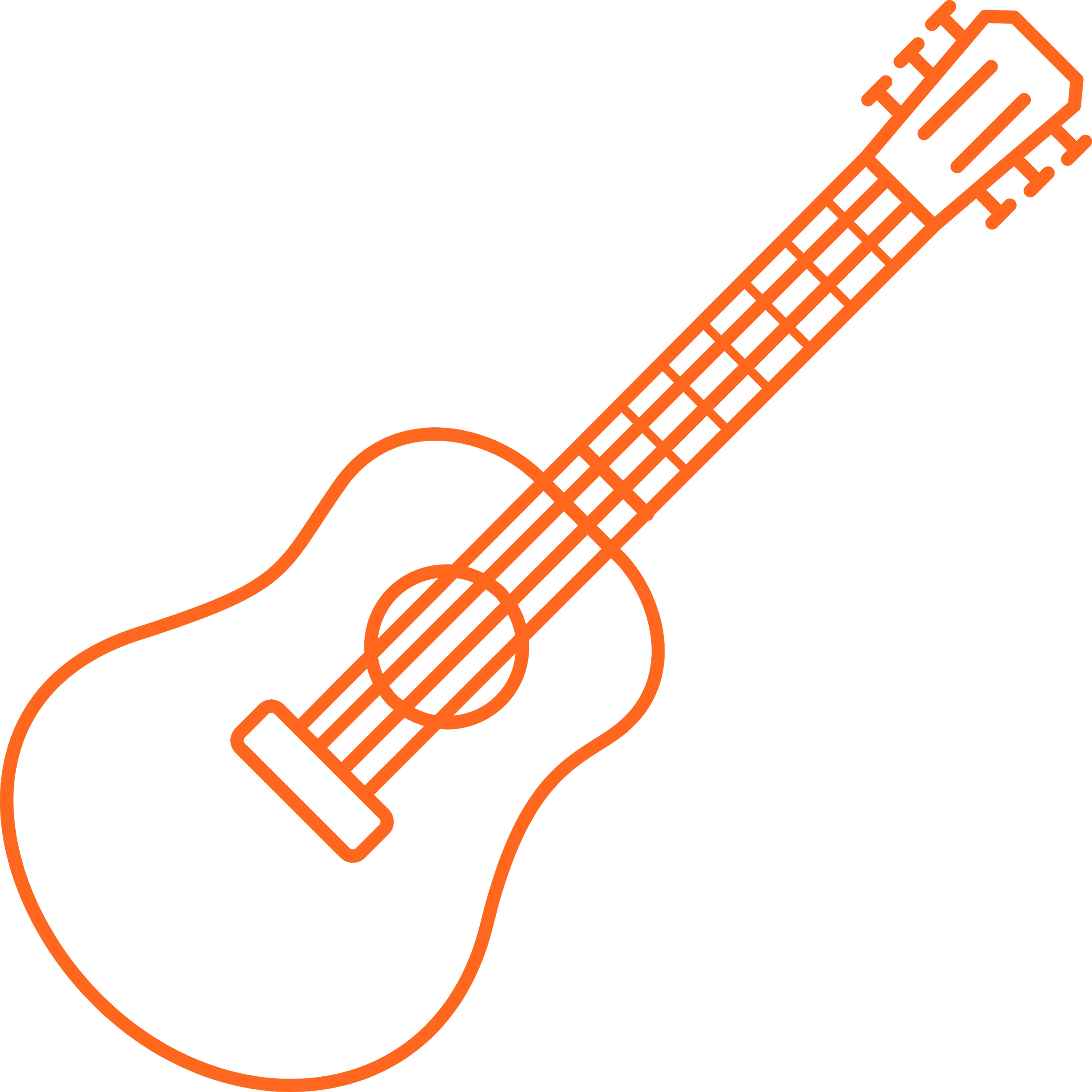 Neon outline of an acoustic guitar with a black background.