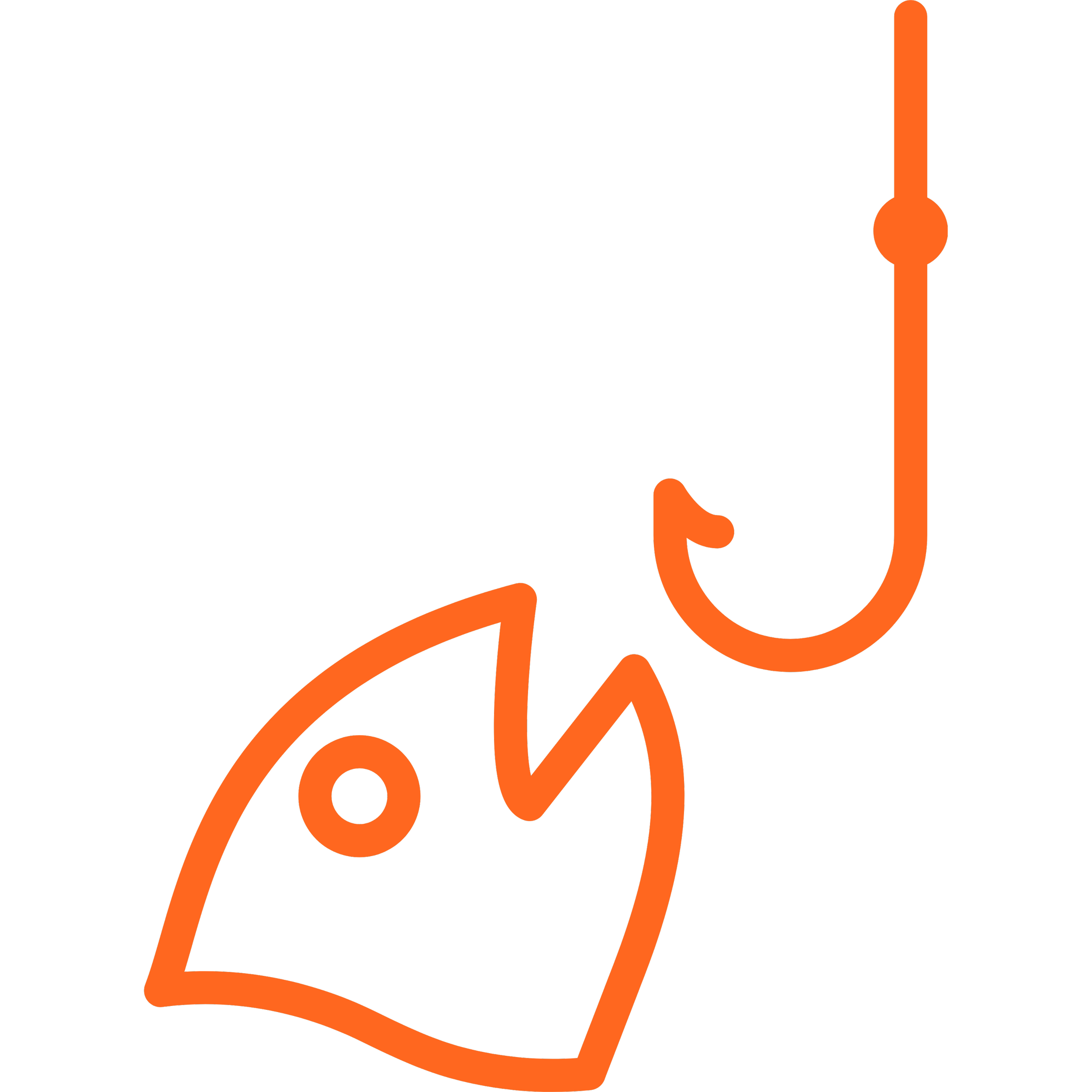 Outline drawing of a fish with a fishing hook above it.