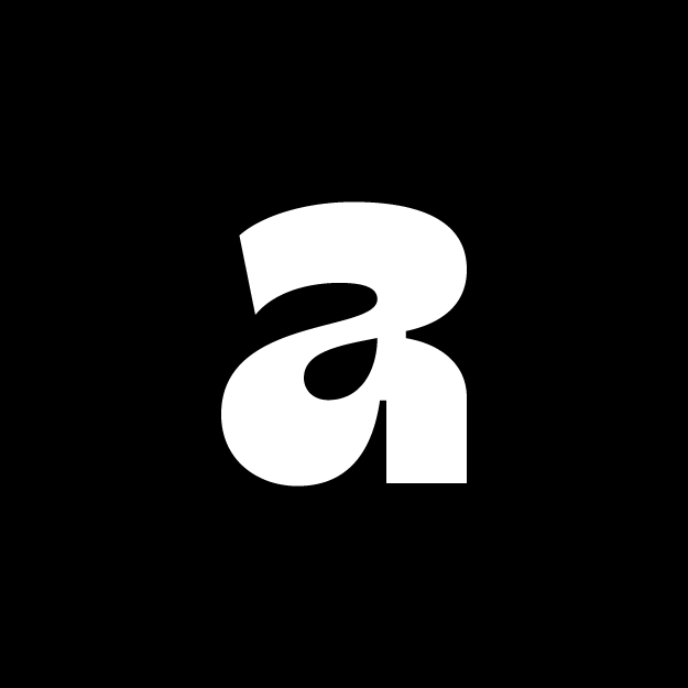 Black and white logo featuring a large letter 'a' in a stylized, bold font, with a smaller 'a' intertwined inside it.