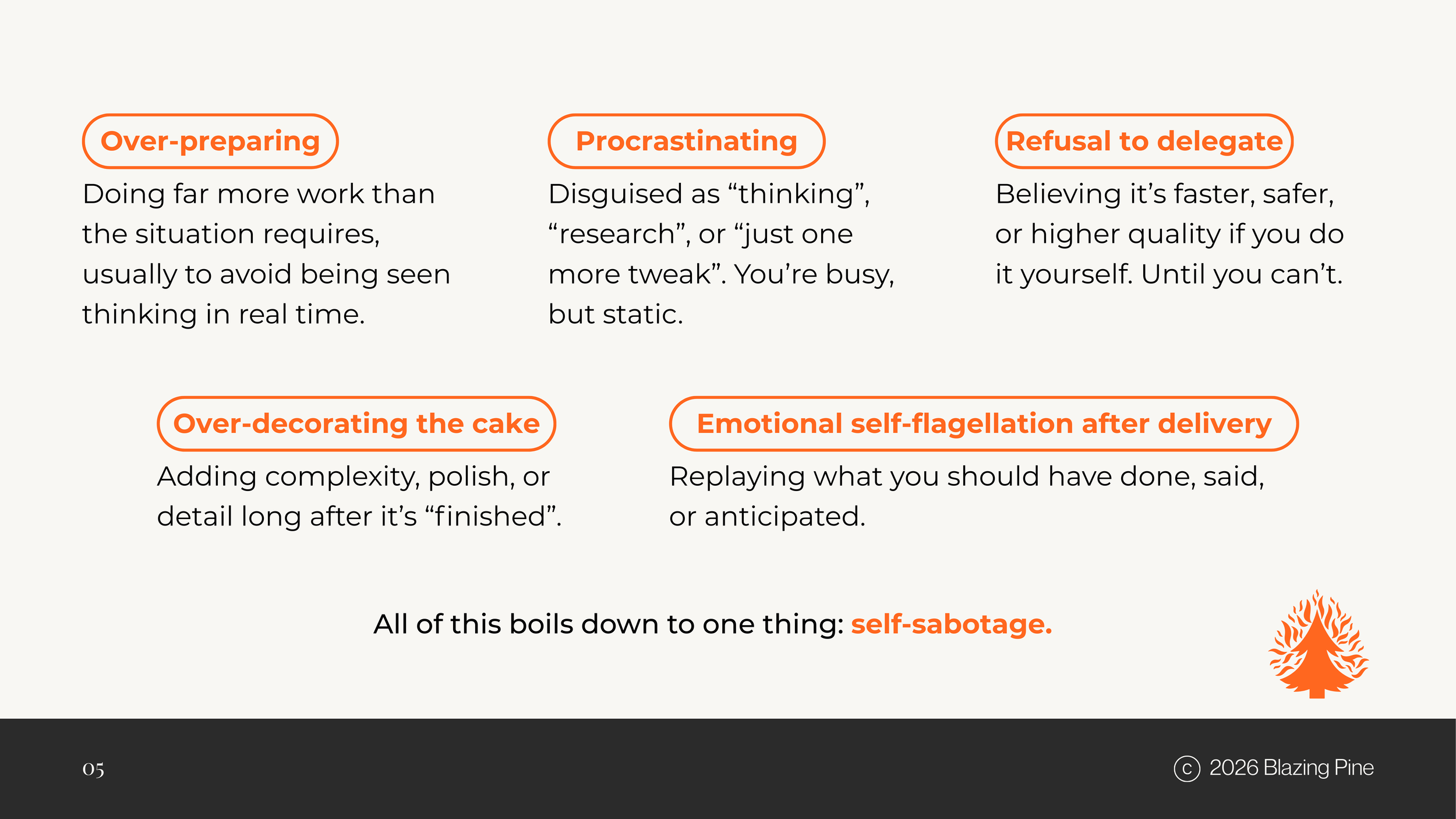 A slide listing five common self-sabotaging behaviors in orange and black text, including over-preparing, procrastinating, refusal to delegate, over-decorating the cake, and emotional self-flagellation after delivery, with a quote at the bottom stating 'All of this boils down to one thing: self-sabotage.' The slide has a small icon of a tree in the bottom right corner and is copyrighted 2026 by Blazing Pine.