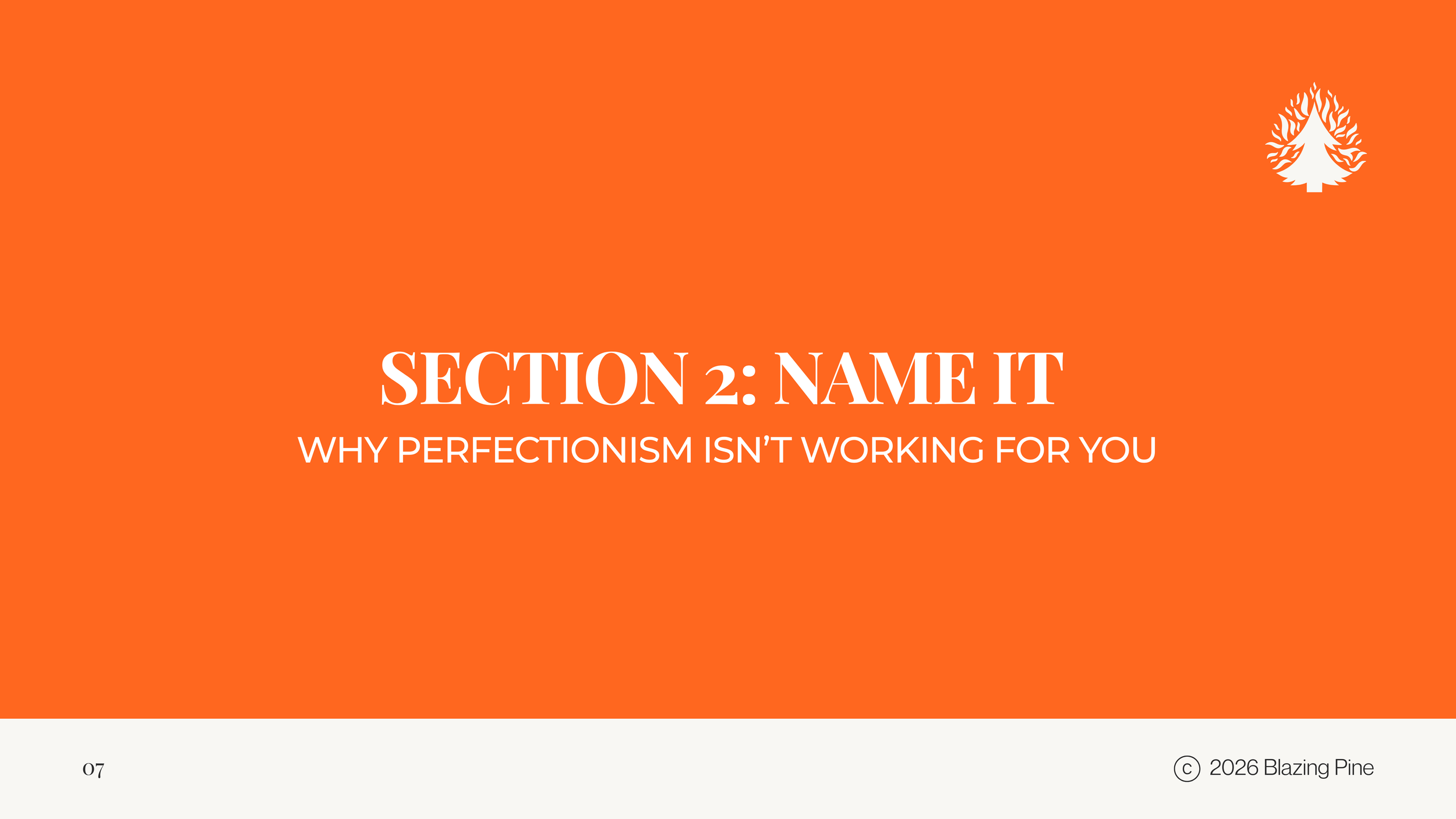 Title slide with orange background, white text reads 'Section 2: Name It, Why perfectionism isn't working for you,' with a small white tree logo in top right corner, and a white footer with page number 07 and © 2026 Blazing Pine.