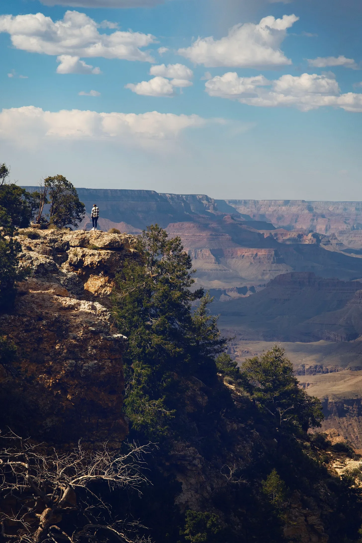 A person standing on the edge of a rocky cliff overlooking the Grand Canyon with clouds in the sky.