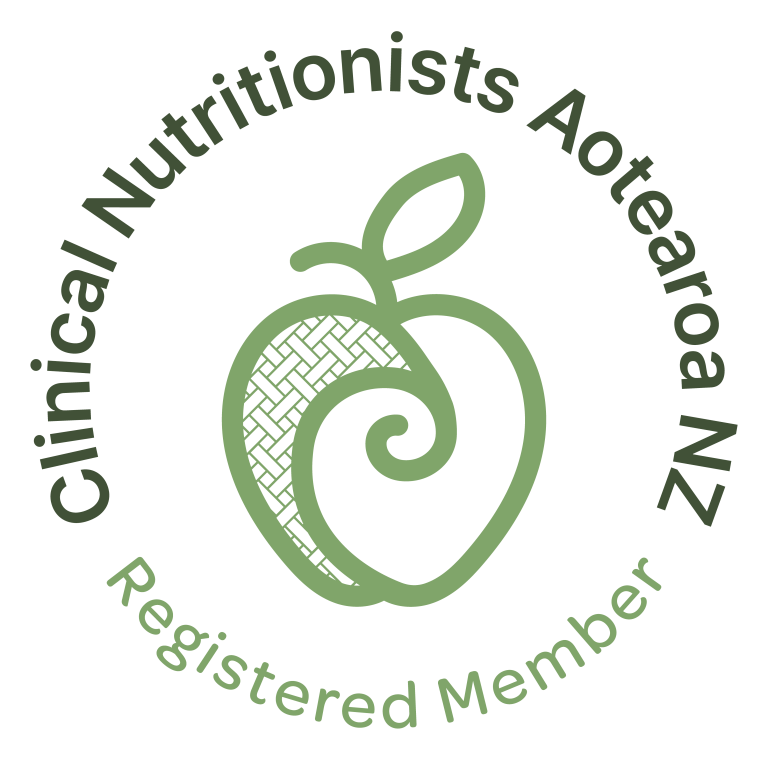 Logo of the Clinical Nutritionists Aotearoa New Zealand, featuring a stylized sprouting plant inside a spiral-shaped seed or fruit with a textured pattern, surrounded by the organization's name and the mention of registered membership.