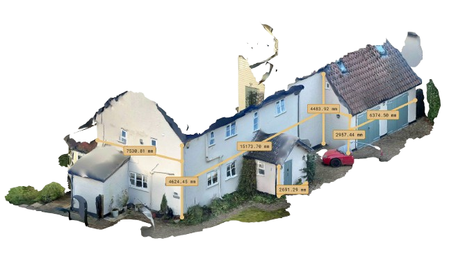 3D model of a house with measurements labeled on it, including distances between various parts of the house and its surroundings.