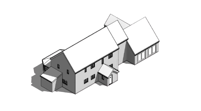 A 3D architectural model of a house with multiple sections and varying roof heights, shown in a grayscale color scheme, against a black background.