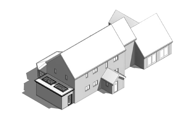 3D model of a residential house with multiple roof sections and windows, viewed from above.