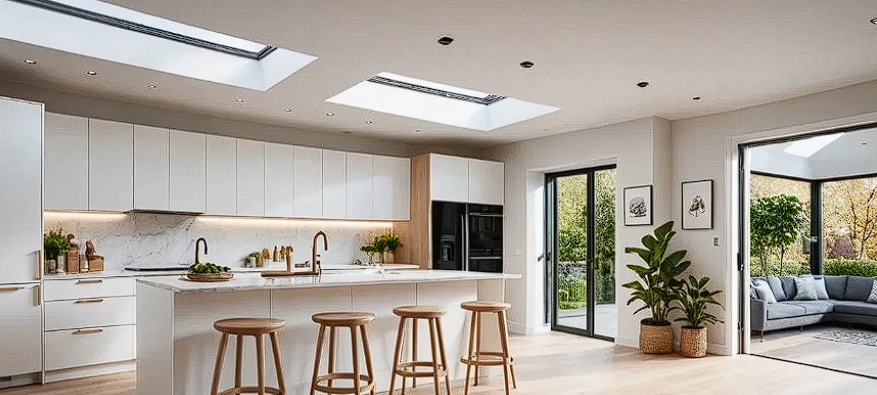 Modern kitchen with white cabinets, marble backsplash, kitchen island with four wooden barstools, skylights, and sliding doors leading to a patio and outdoor seating area.