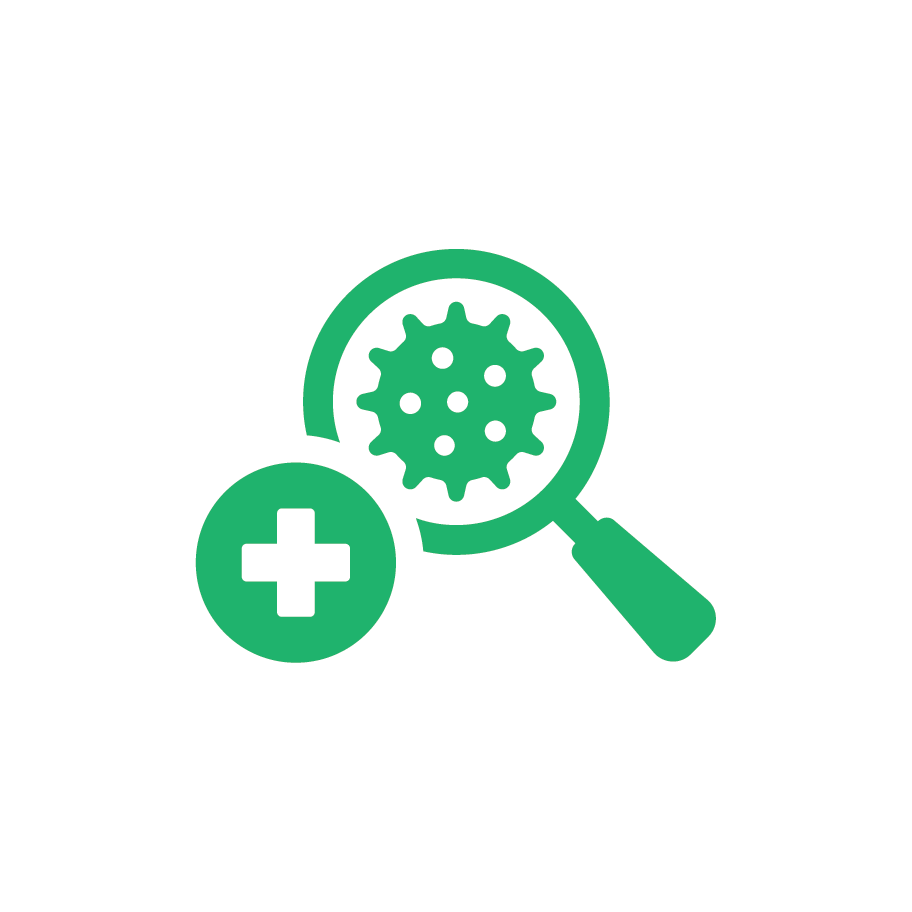 Icon of a magnifying glass examining a virus with a plus sign inside a circle, on a green background.