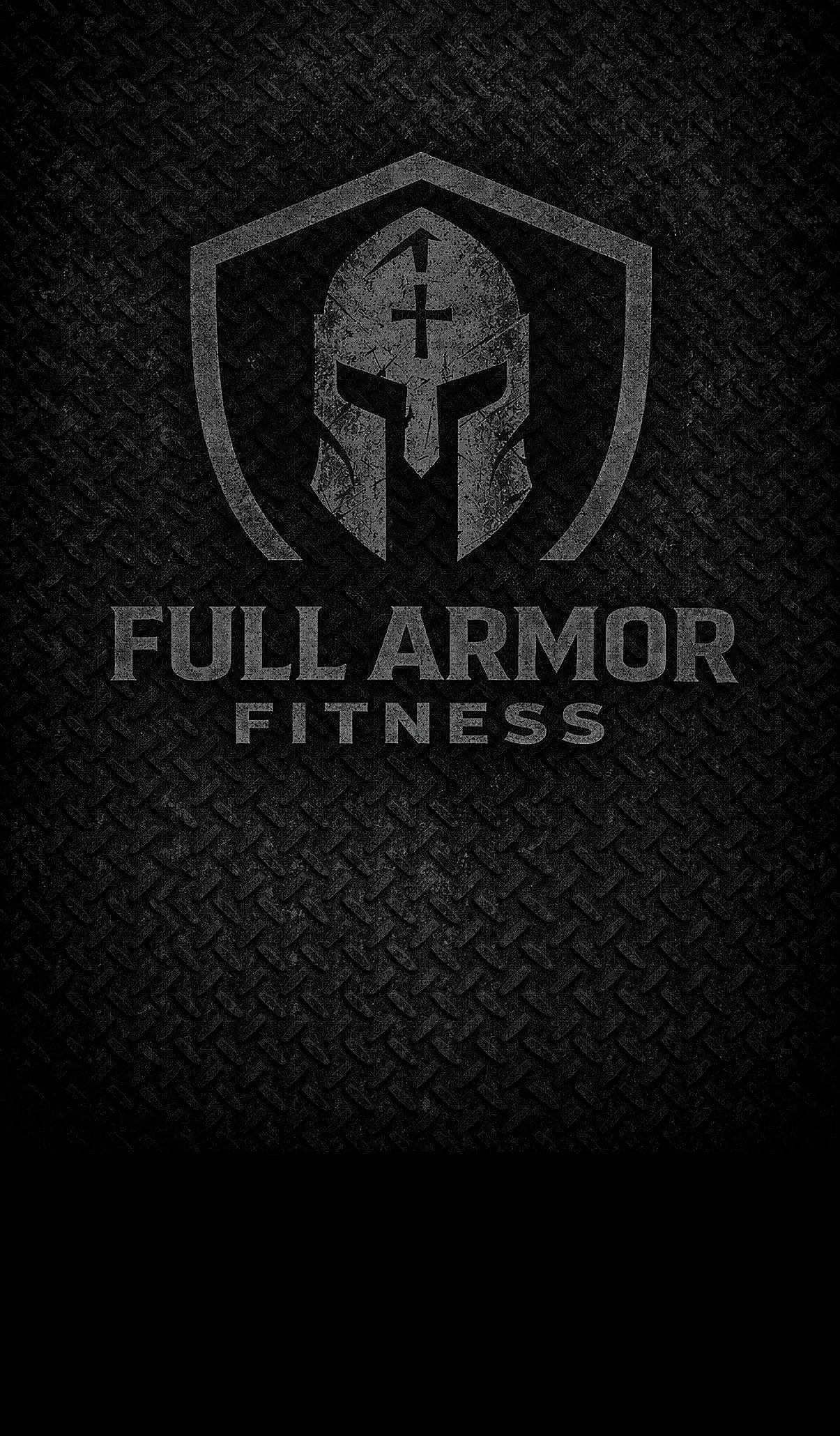 Black textured background with a gray Spartan helmet emblem and the text 'Full Armor Fitness'