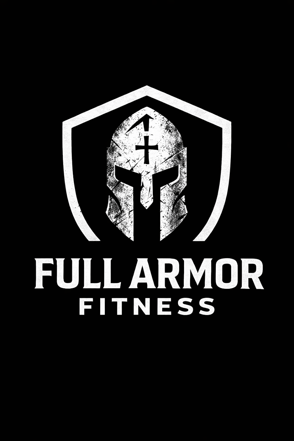 Black background with a white shield logo featuring a Spartan helmet with a cross on the forehead and a sword above it. Below the logo, the text reads "FULL ARMOR FITNESS" in capital letters.