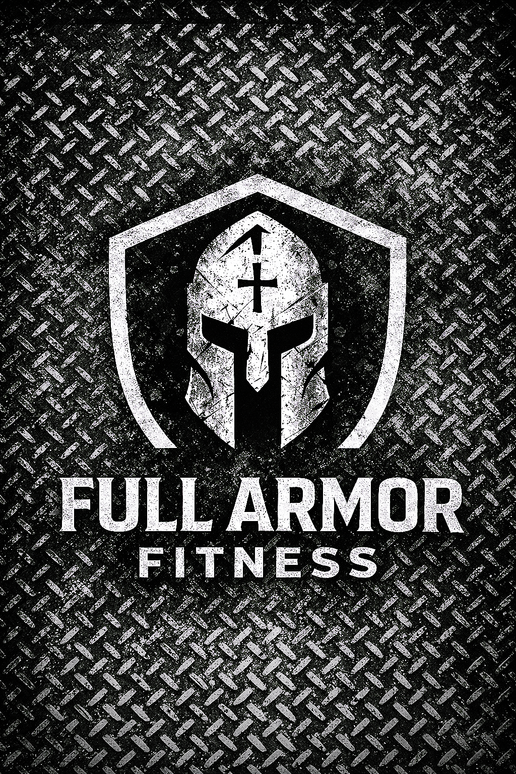 Black and white logo of Full Armor Fitness featuring a shield with a stylized knight's helmet and sword, background of textured metal diamond plate.