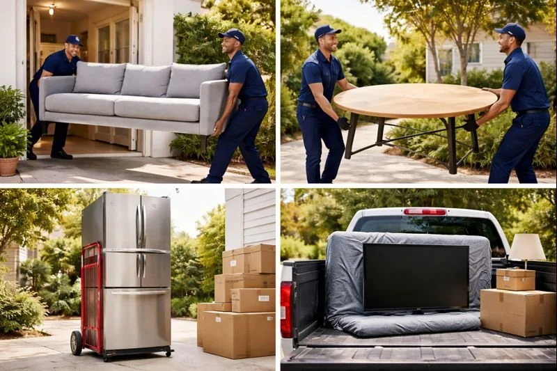 Two movers carrying a couch into a house, two movers setting up a round table outside, a refrigerator and cardboard boxes outside, and a TV being set up in the back of a pickup truck with more boxes nearby.