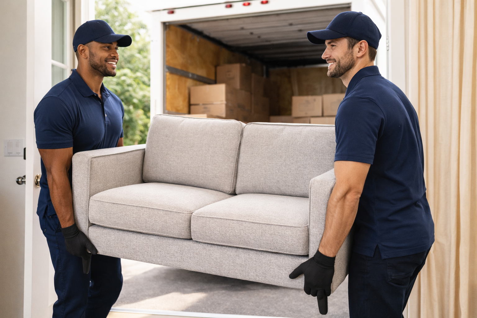 Two movers in navy uniforms and black gloves carry a beige sofa into a house through an open door, with a garage filled with boxes in the background.