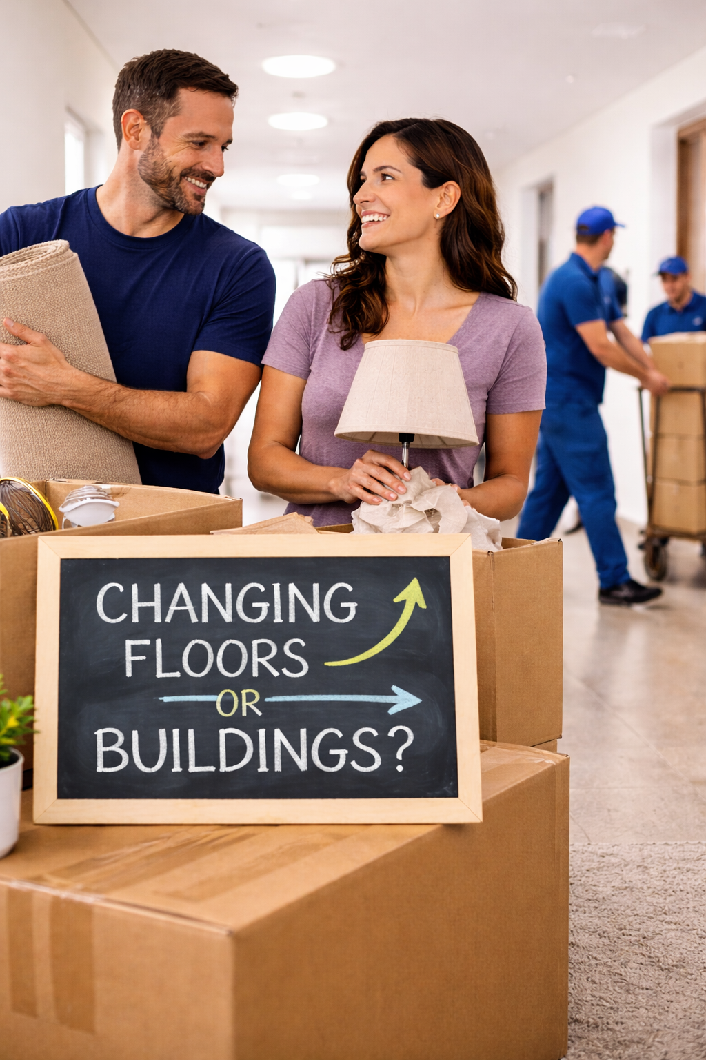 A young man and woman with moving boxes and a chalkboard sign that reads 'Changing Floors or Buildings?' in a hallway with movers in the background.