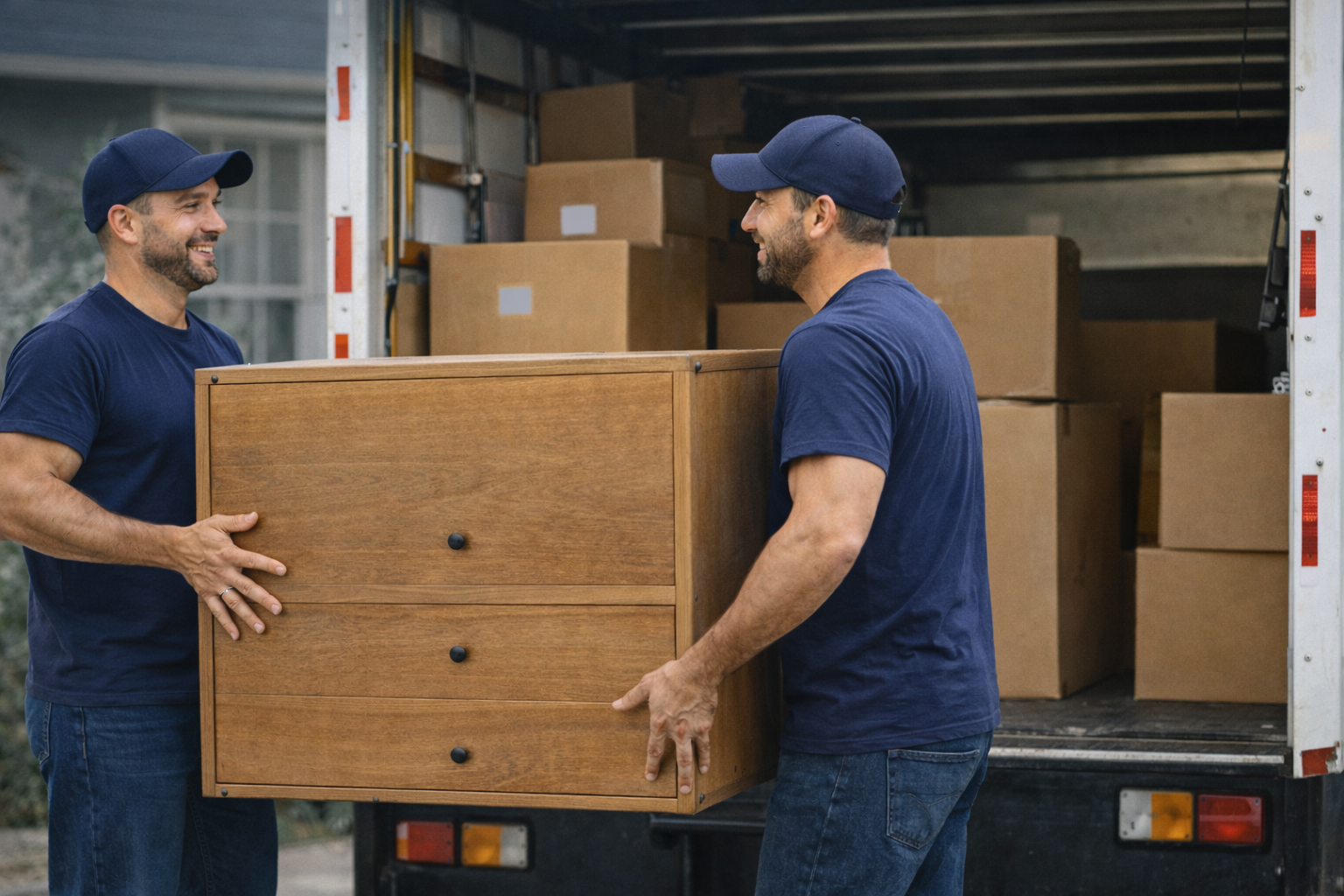 Two men in navy blue uniforms unload a wooden dresser from a moving truck.