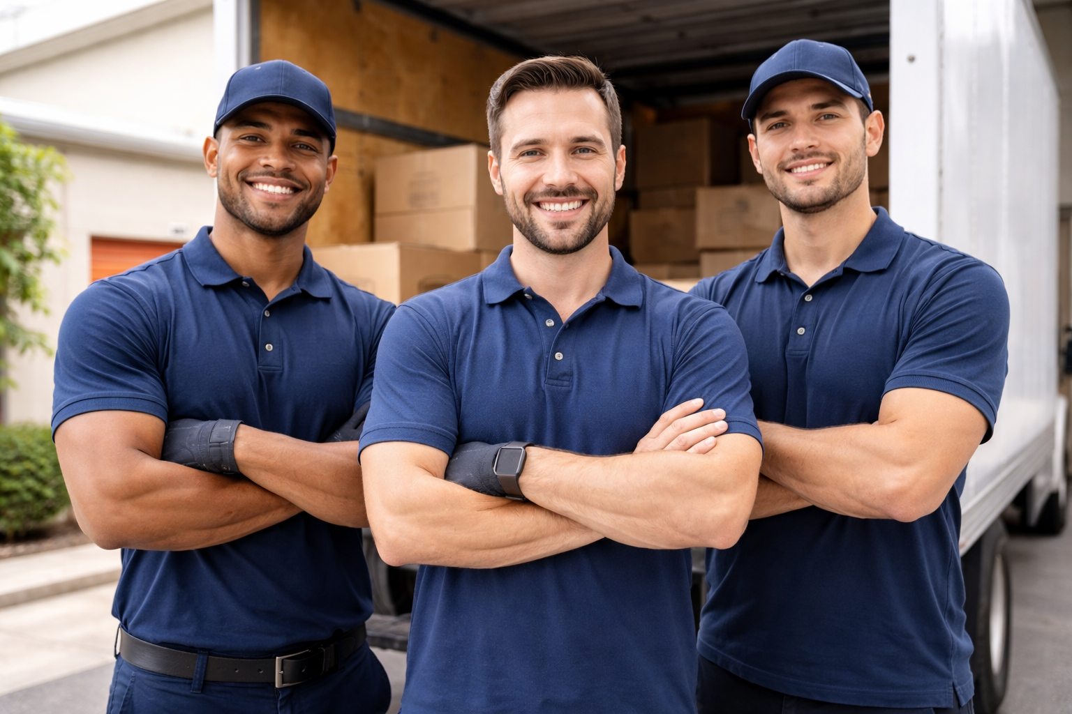 Three delivery men standing in front of a truck, smiling, wearing blue uniforms and caps.