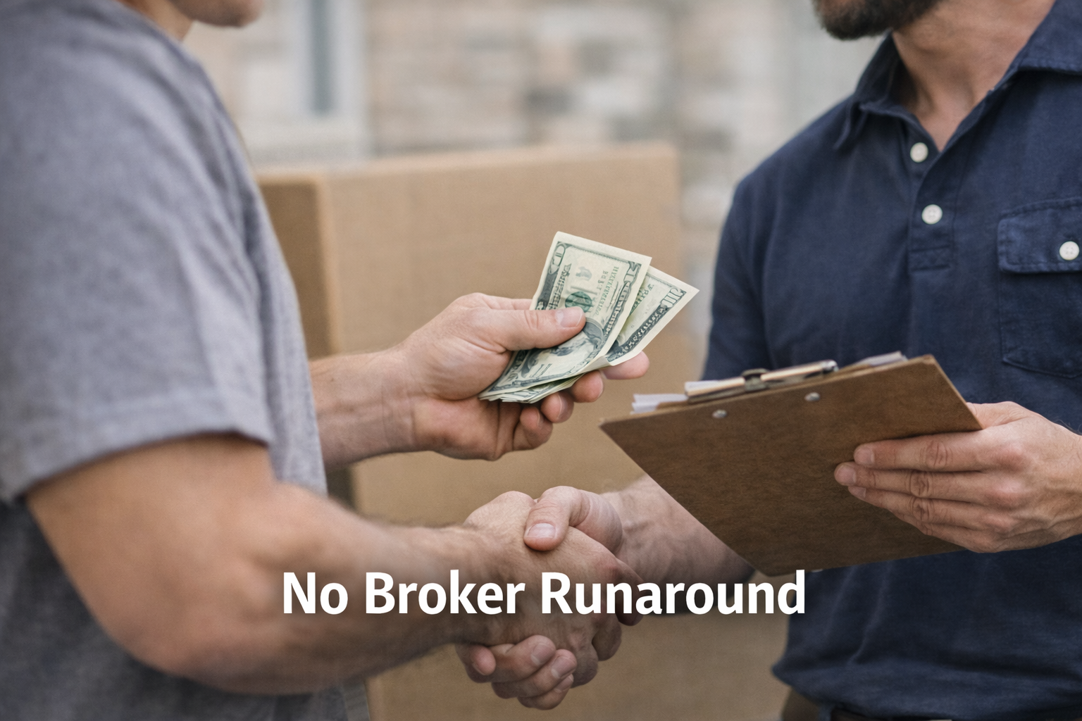 Two men shaking hands, one is handing over cash, and the other is holding a clipboard. The scene appears to be a business transaction or deal.