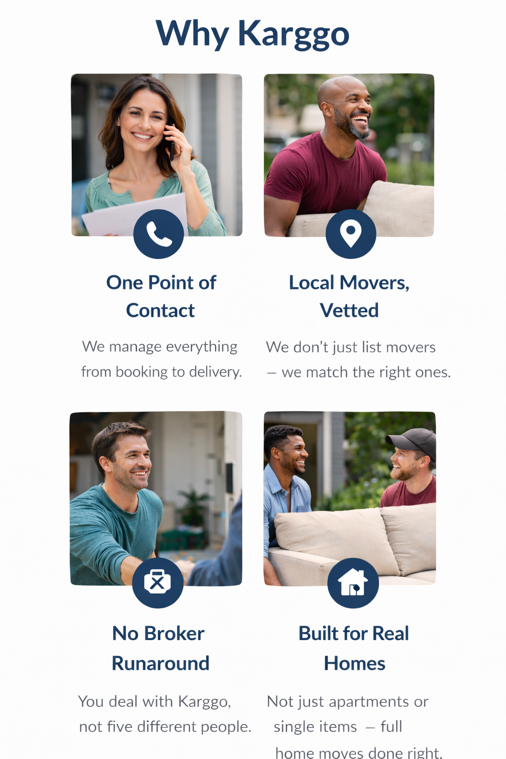 A promotional flyer for Karggo, a moving service, featuring four images of happy people. The flyer highlights that Karggo offers one point of contact, works with local vetted movers, provides no broker runaround, and builds for real homes.