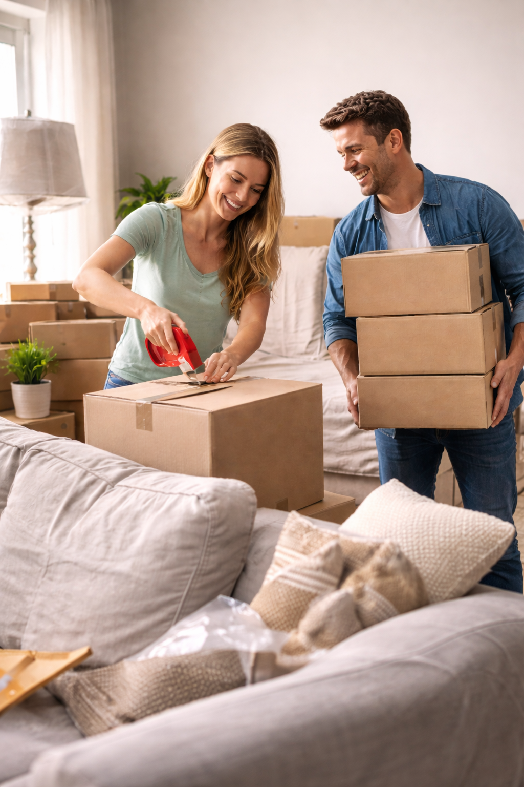 A smiling woman is sealing a cardboard box with a red tape dispenser while a man, also smiling, carries three stacked boxes in a living room filled with packed boxes and cushions.