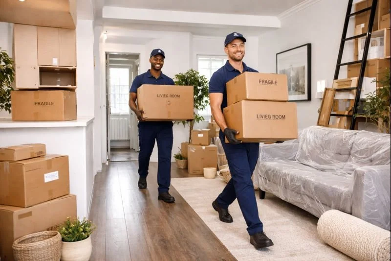 Two movers in blue uniforms carrying boxes inside a residential living room, with some boxes labeled 'fragile' and 'living room'.