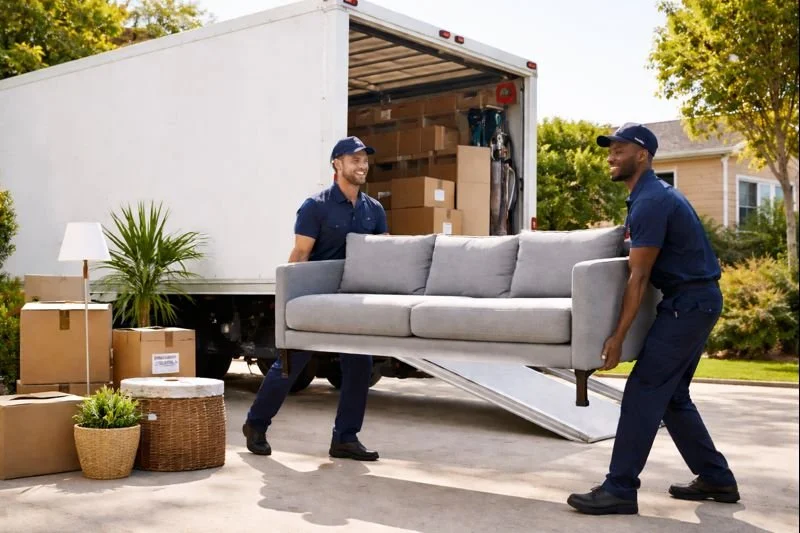 Two movers loading a gray sofa into a moving truck on a residential street.