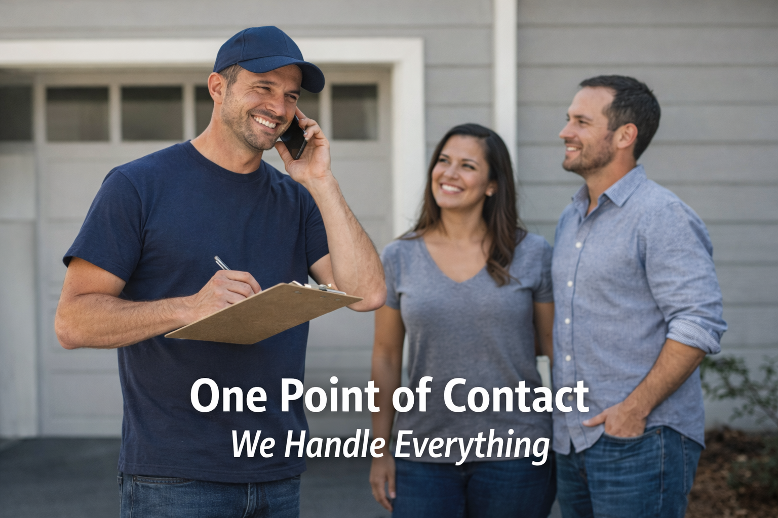 A man with a navy blue shirt and cap talking on the phone with a clipboard, smiling. Two people, a woman and a man, are smiling and looking at him, standing outside in front of a house.