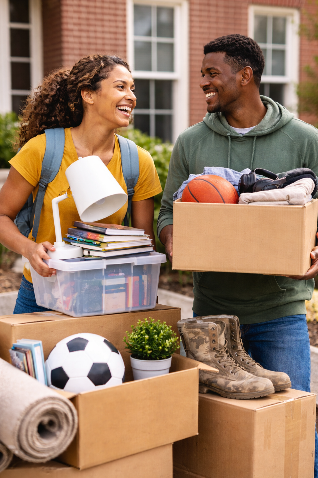 A smiling woman and man exchanging boxes outside a brick building with greenery. The woman holds a box with a desk lamp, books, and notebooks, while the man carries a box containing a basketball, headphones, and folded clothes. There are cardboard boxes with a soccer ball, a plant, and boots, along with rolled-up carpets in the scene.