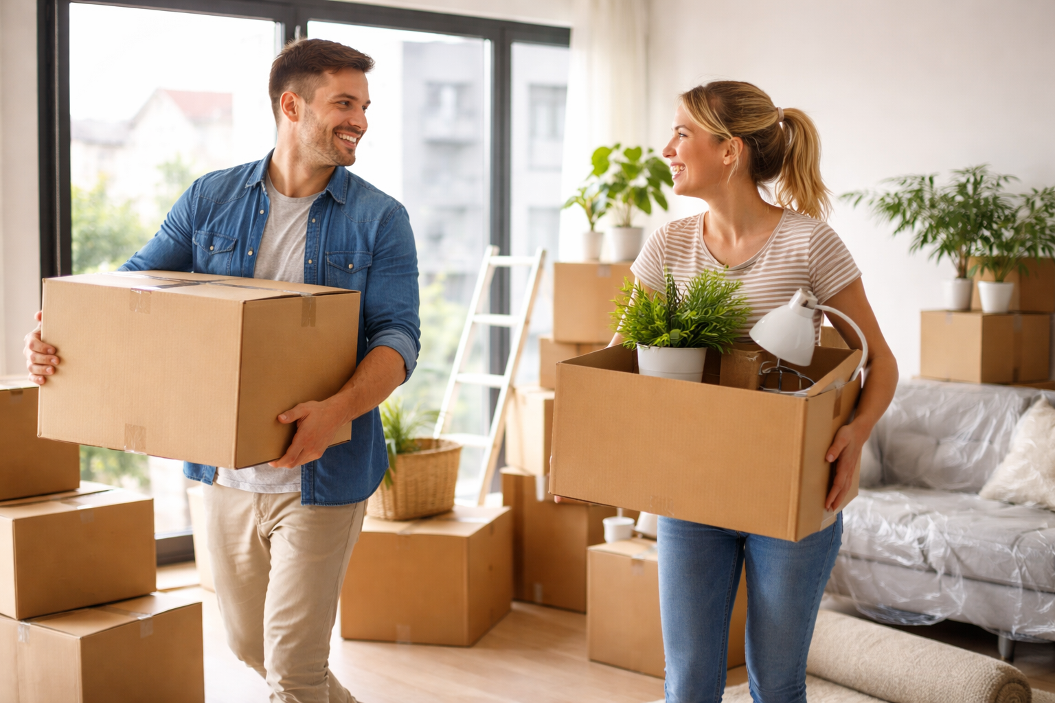 A man and a woman move into a new apartment with moving boxes and plants, smiling at each other.