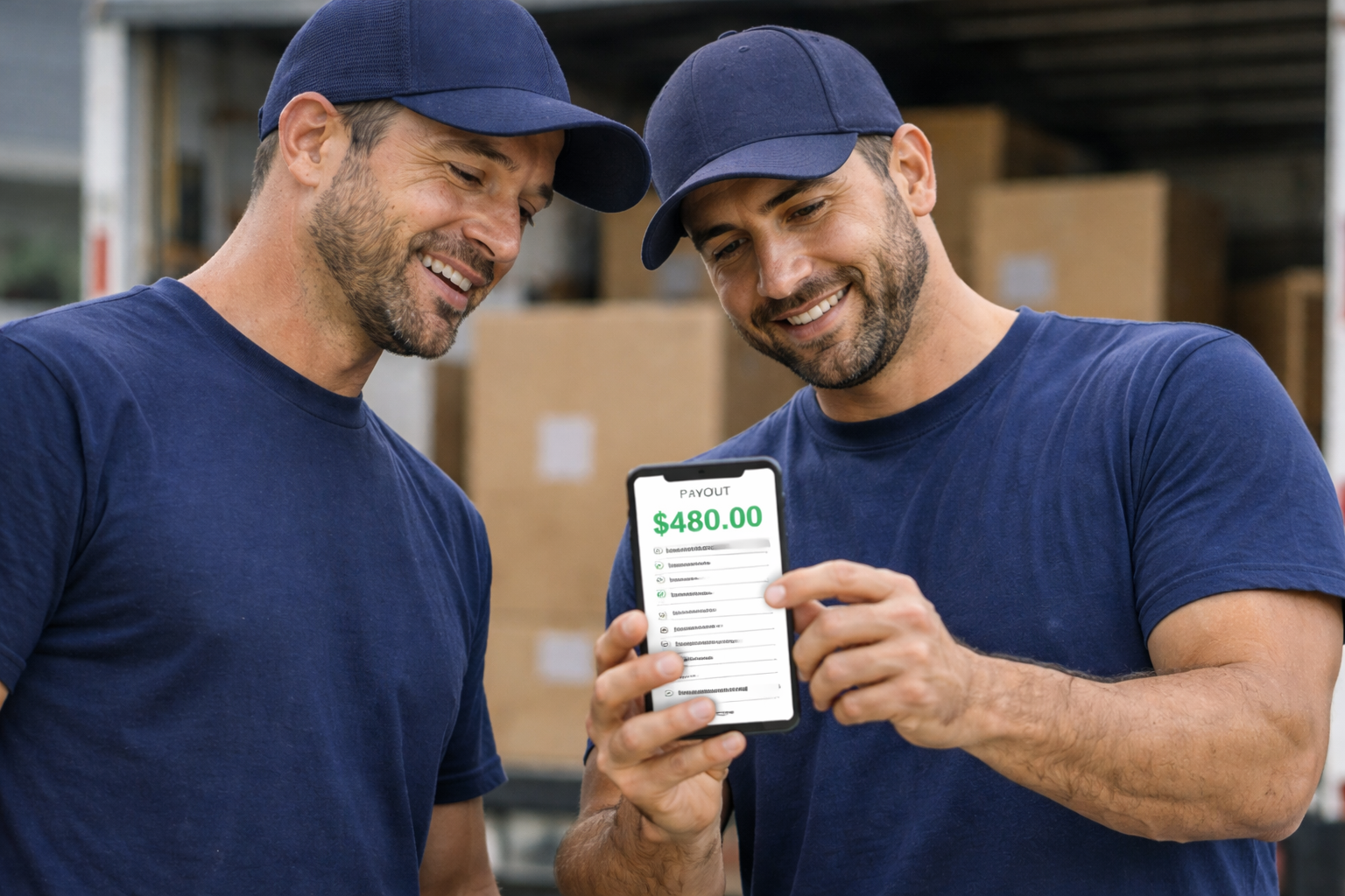 Two men wearing navy blue shirts and caps, smiling and looking at a smartphone with a payout of $480.00 displayed on the screen, in a warehouse setting.
