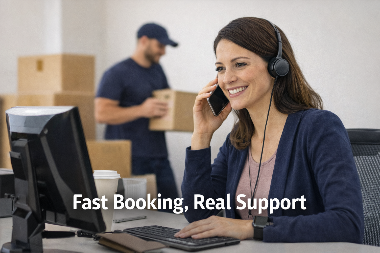 A woman in a call center with a headset talking on the phone, in front of a computer and coffee cup, with a man in the background carrying a box, and the text 'Fast Booking, Real Support' at the bottom.