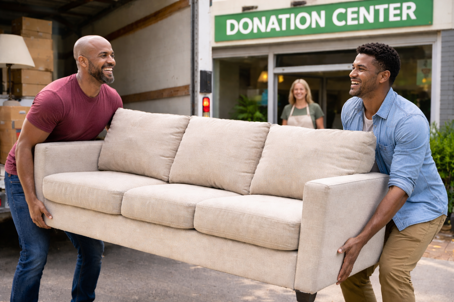 Two men carry a beige sofa outside a donation center, smiling at each other, with a woman in an apron standing in the background.