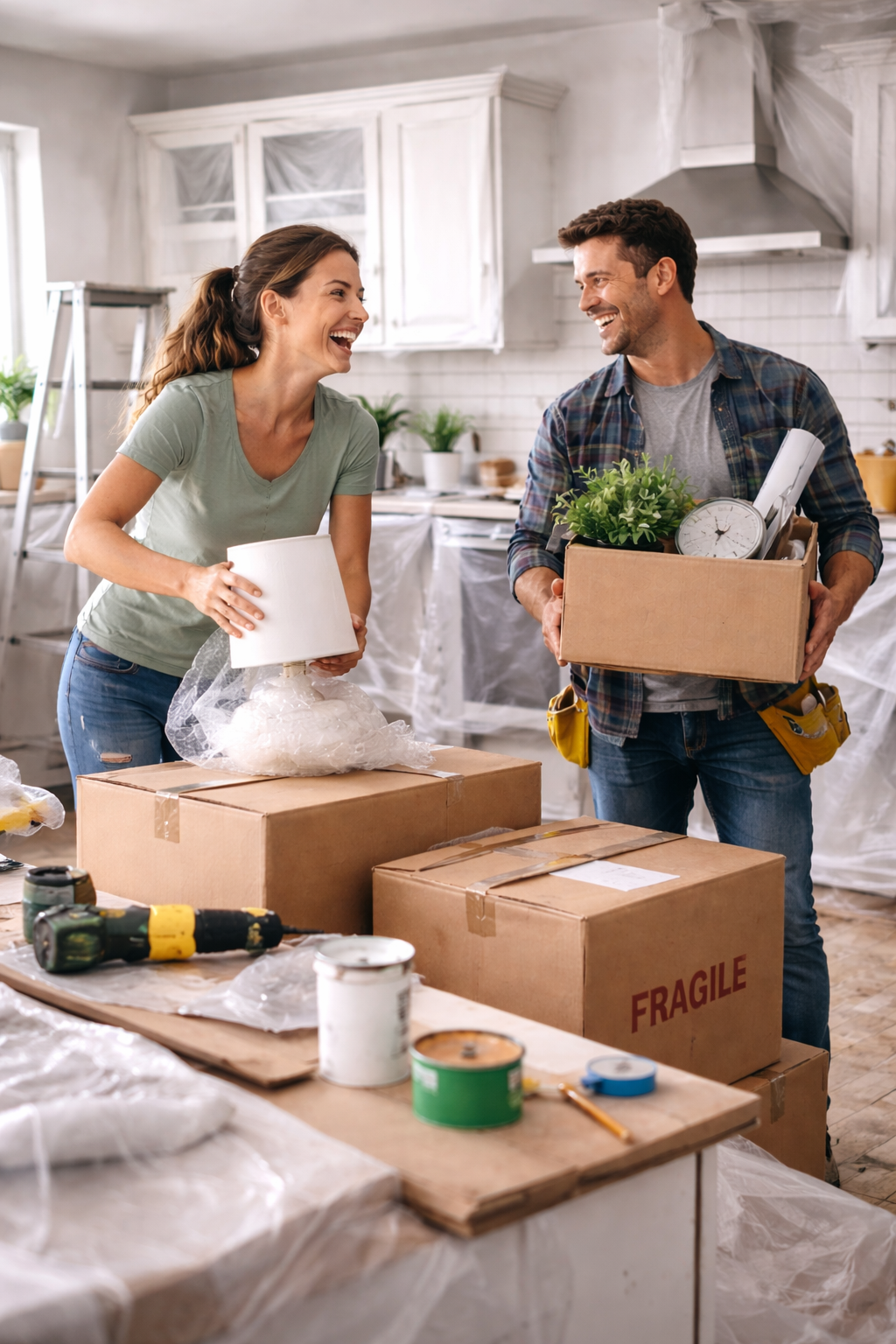 A man and woman unpacking moving boxes in a kitchen, smiling and talking to each other.