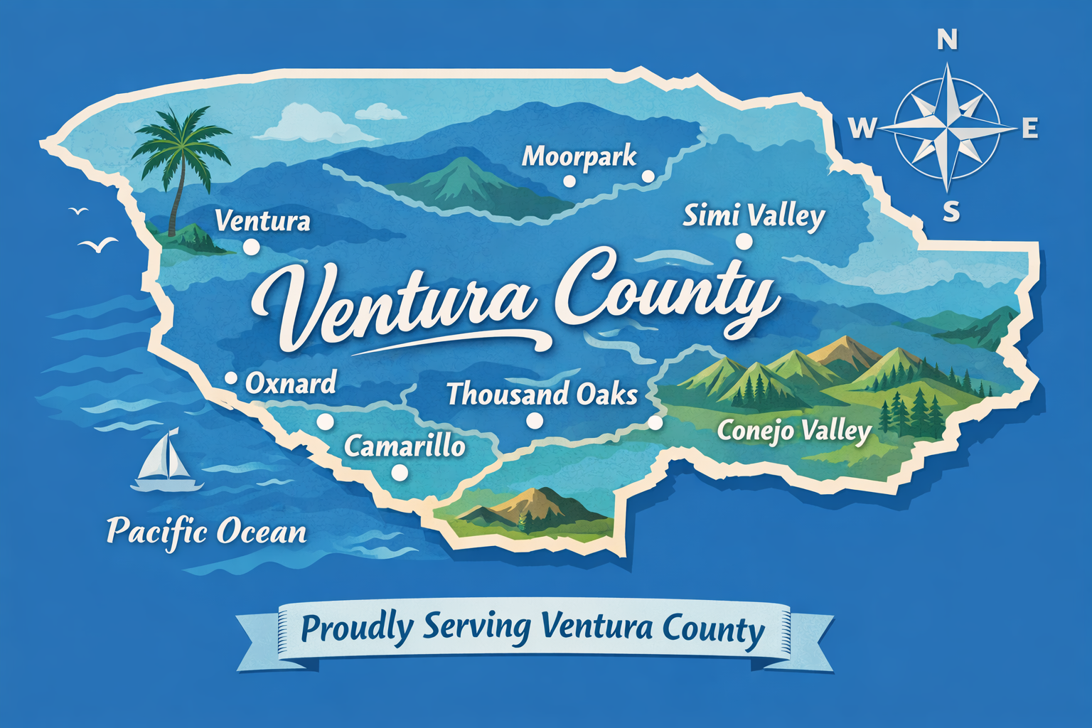 Map of Ventura County, California, showing locations such as Ventura, Oxnard, Camarillo, Thousand Oaks, Conejo Valley, Simi Valley, Moorpark, and the Pacific Ocean, with a background of mountains and a compass rose indicating directions.