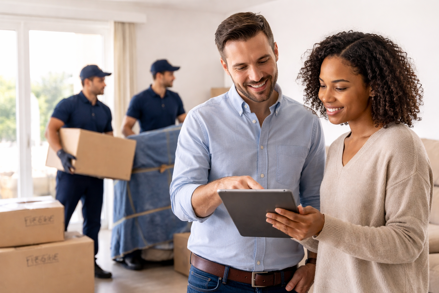A smiling couple reviewing a tablet in a room with moving boxes, while two movers in blue uniforms carry a large box in the background.