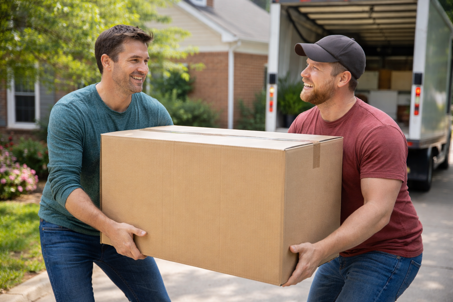 Two men, one wearing a blue long sleeve shirt and the other wearing a red t-shirt and a black cap, are smiling and holding a large cardboard box together outside in front of a moving truck and a house with greenery.