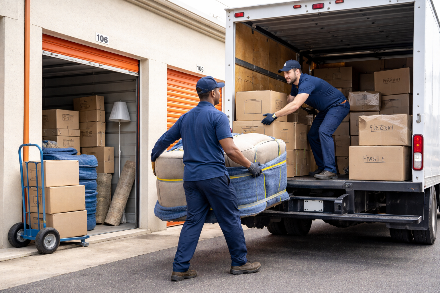 Two movers wearing navy uniforms unloading boxes and a large rolled carpet from a moving truck in front of storage units.