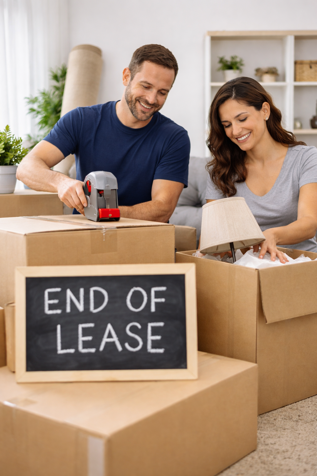 A smiling man and woman packing boxes with a chalkboard sign that reads 'END OF LEASE' in front of them.