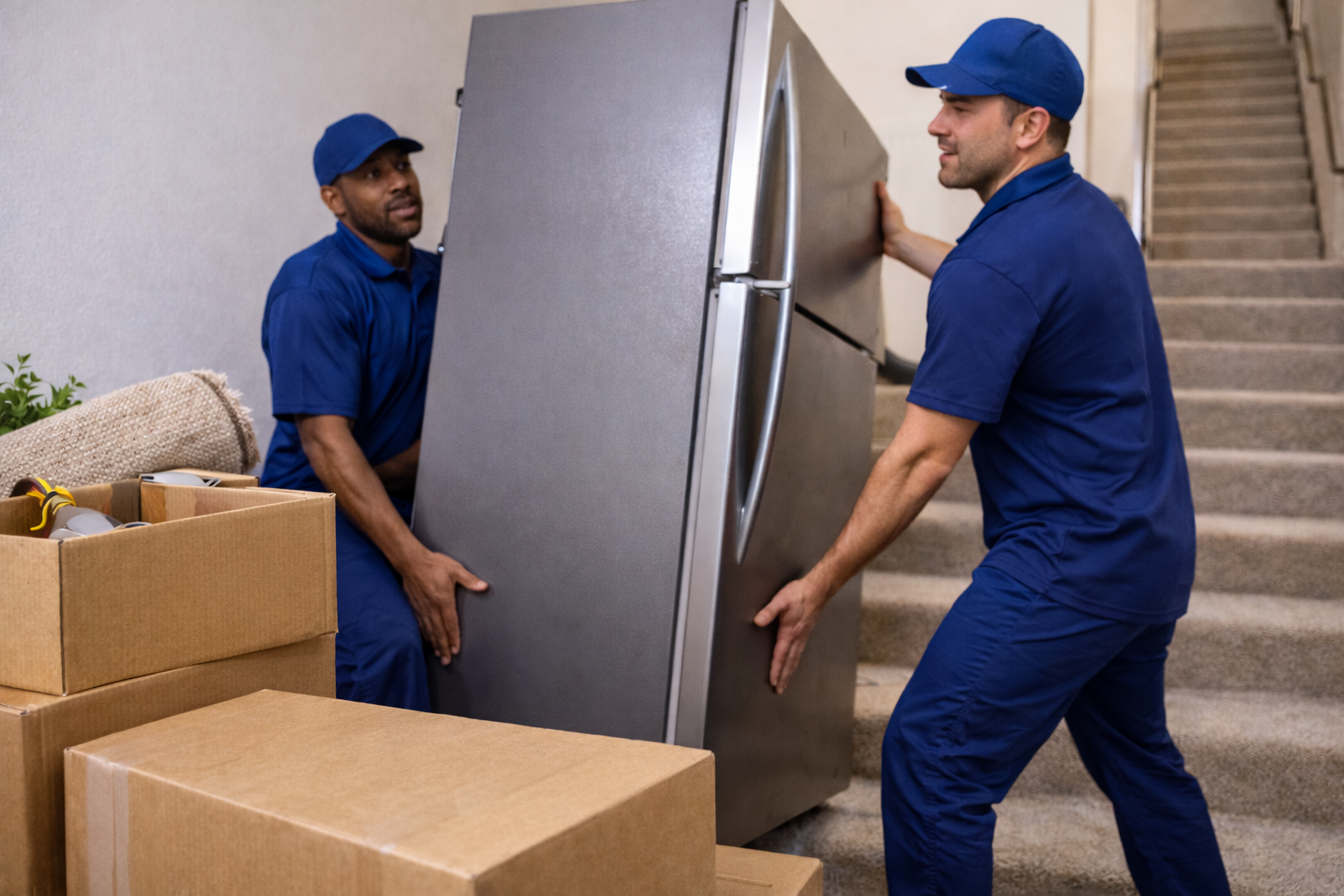 Two movers in blue uniforms carrying a refrigerator up a staircase.