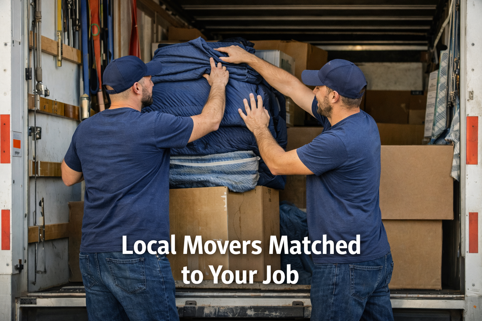 Two men in blue shirts and caps loading a truck with boxes and blankets, promoting local moving services.