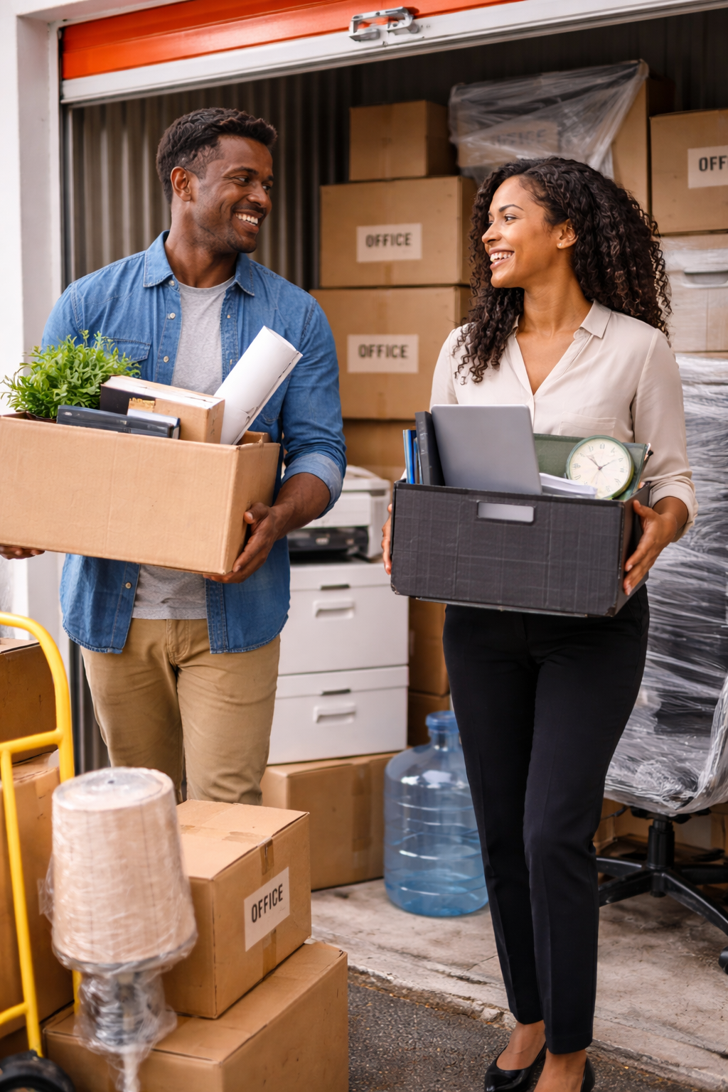 Two people carrying boxes in a storage or moving area, smiling at each other, surrounded by labeled boxes and storage items.
