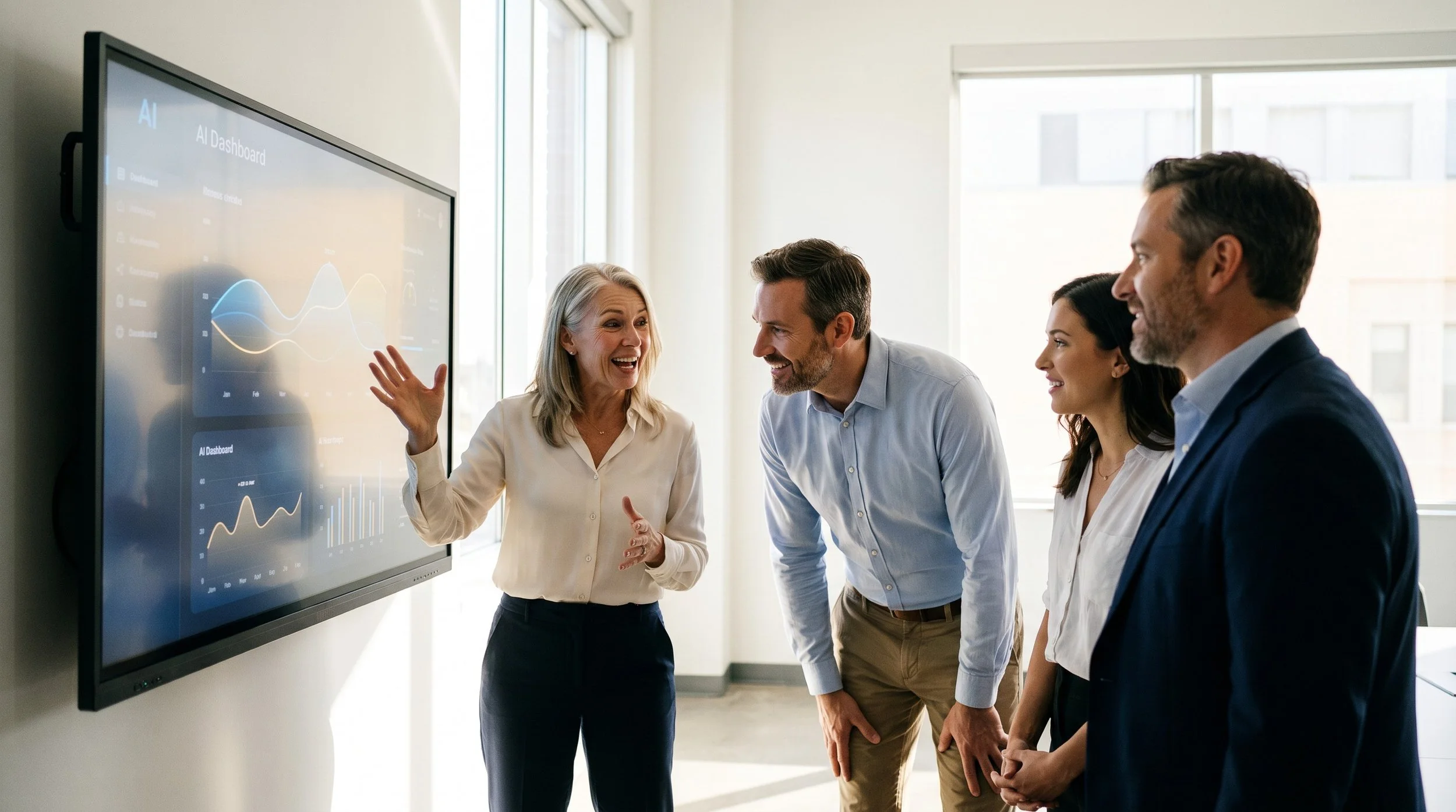 Group of five professionals in business casual attire, engaging in a discussion in front of a large screen displaying a data dashboard with graphs and charts in an office setting with large windows.
