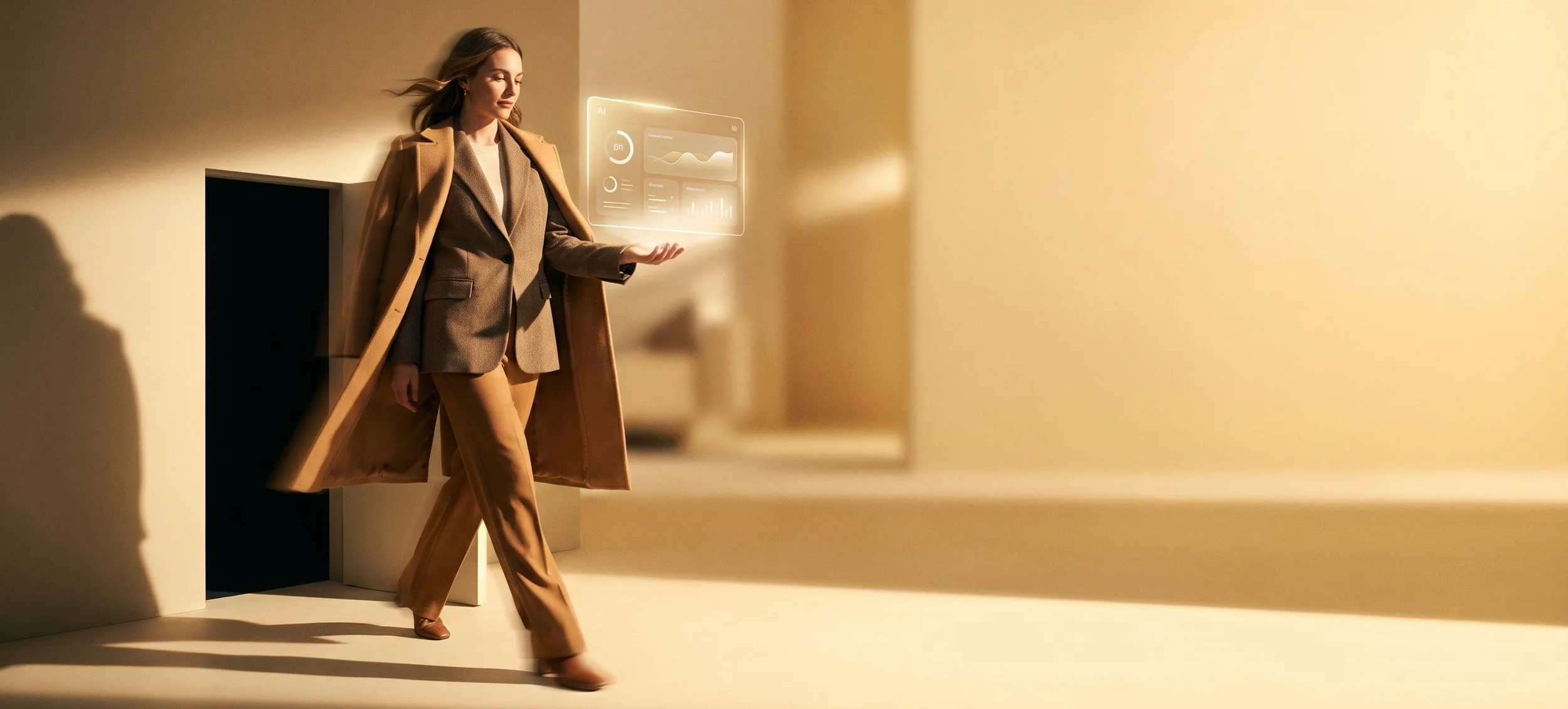 A woman in a brown coat and trousers walking past a futuristic holographic or digital interface projected in midair