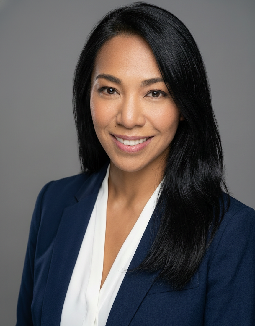 Professional woman with long black hair, smiling, wearing a navy blazer and white blouse against gray background.
