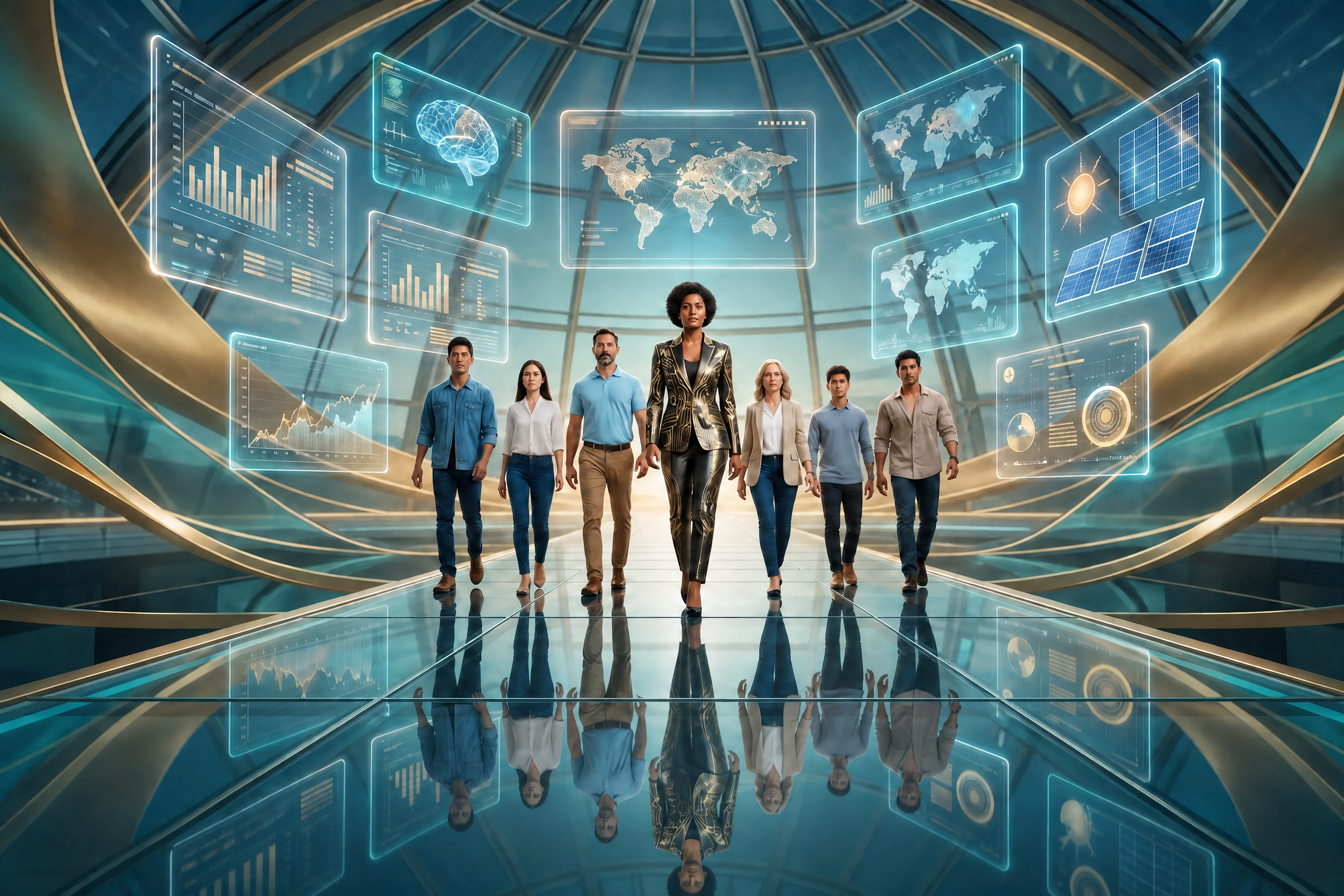 Group of diverse professionals walking through a futuristic technology hub with holographic screens displaying world maps, graphs, and data visualizations.