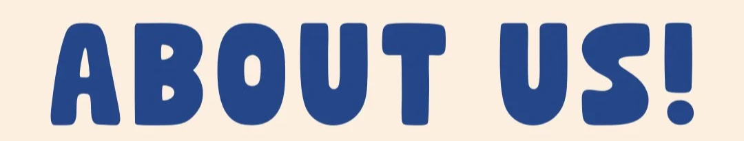 Text on a sign that says 'ABOUT US!' in large blue letters on a beige background.